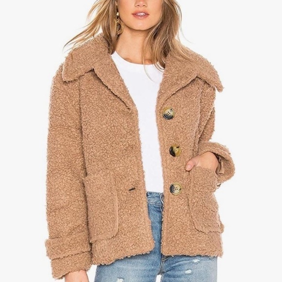 Free People So Soft Cozy Peacoat Teddy Sherpa Coat in Camel/Brown - Picture 13 of 13